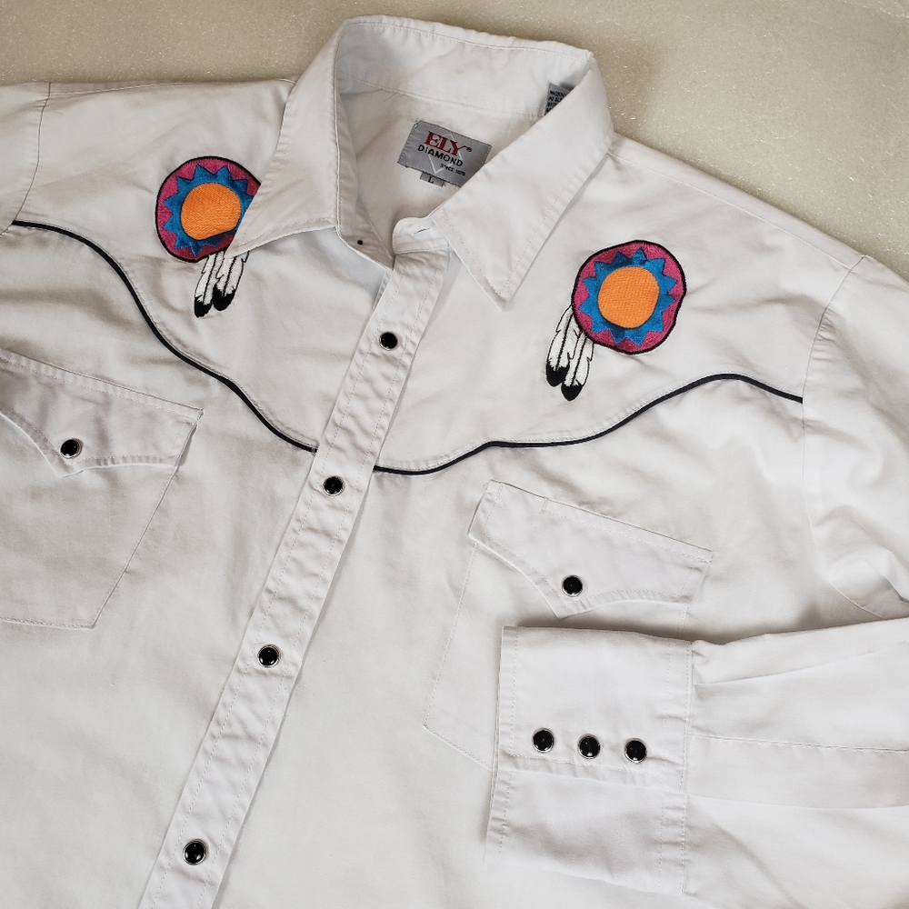 Rare ELY Diamond Men's Large Western Cowboy Pearl-Snap dress shirt Southwestern